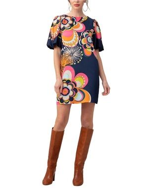 Trina Turk Luv Navy Mini Dress with retro Pink, Orange & Yellow Floral Print